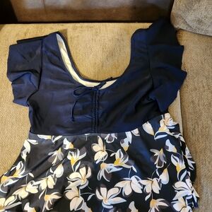 Floral Navy and White Dress with Ruffle Sleeves